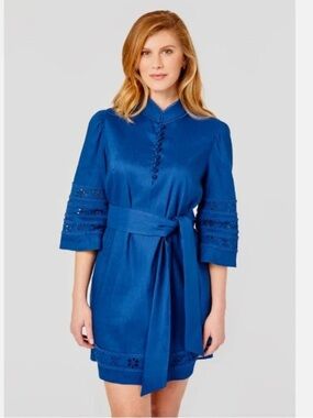 CARTOLINA NANTUCKET Belted Linen Blend Eyelet Trim Dress Navy Size Small